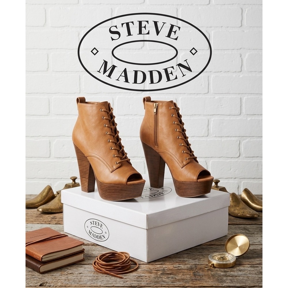 Steve Madden Tan Platform Booties Peep Toe Lace Up Block Heel Boho Y2k Sz 10
